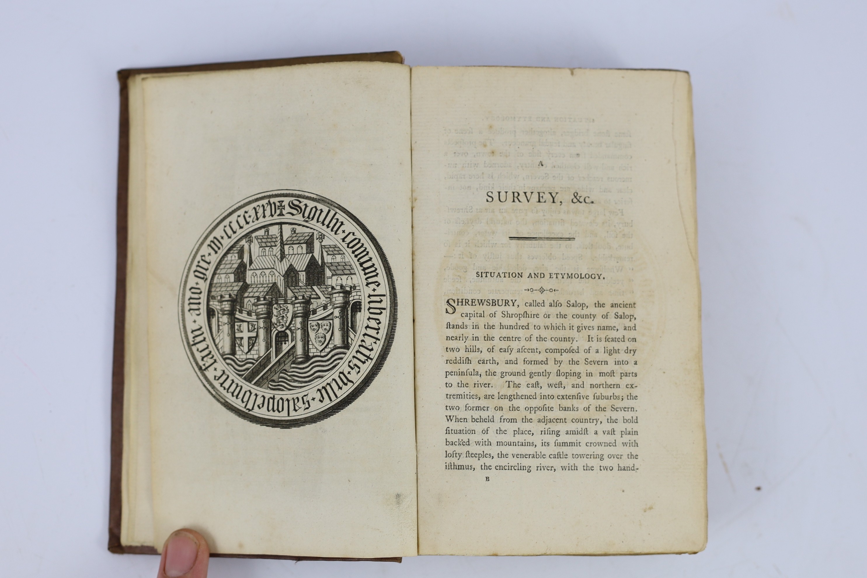 SALOP: The Stranger in Shrewsbury...large folded pictorial plan and 4 plates, subscribers list; contemp. calf (rebacked), marbled edges. Shrewsbury, (1816); (? Owen, H.) Some Account of the Ancient and Present State of S